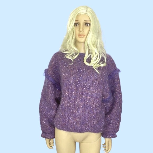 Hand Knit W's M/L Mohair Wool Oversized Sweater Drop Sleeve Trim Purple Blue - Picture 3 of 9